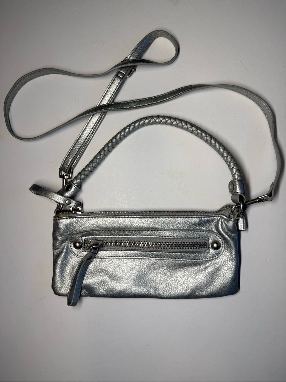 Metallic Silver Mini Crossbody Bag with Braided Handle
